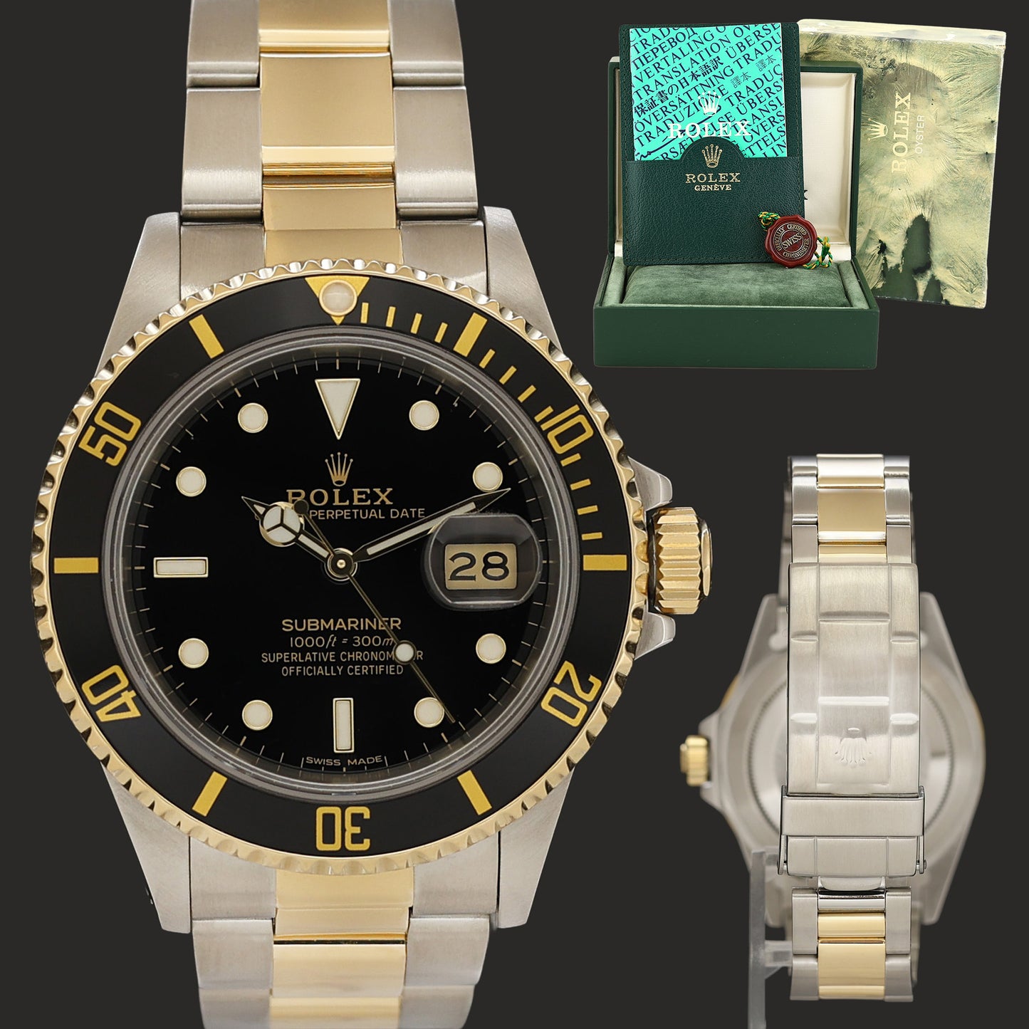 Rolex Submariner Date 16803 Two-Tone Yellow Gold Steel Black 40mm Watch Box