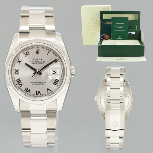 MINT 2010 PAPERS Rolex DateJust 36 116200 Rhodium Roman Oyster Steel 36mm Watch Box