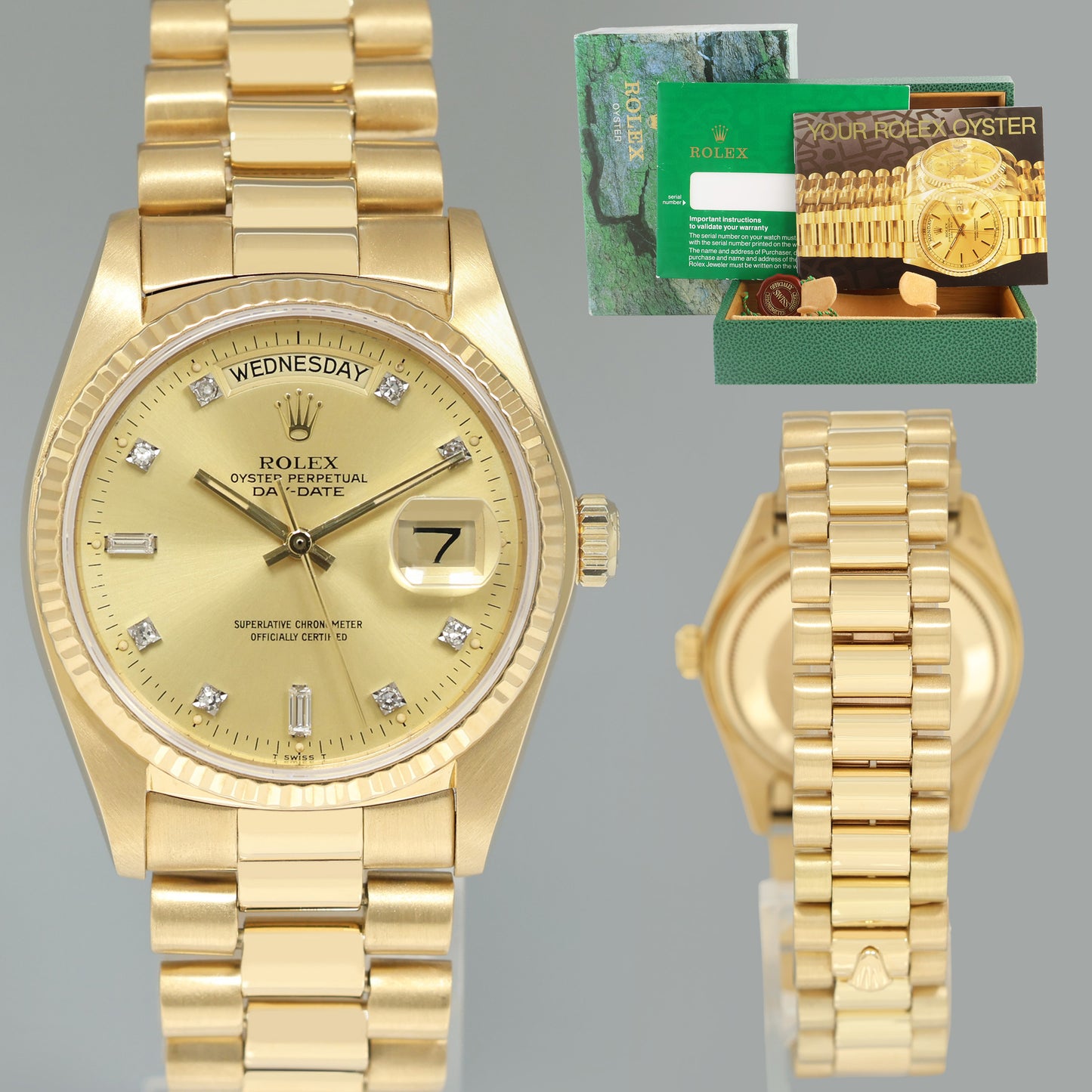 MINT DIAMOND Rolex President Day Date 18038 Yellow Gold Champagne Quickset Watch