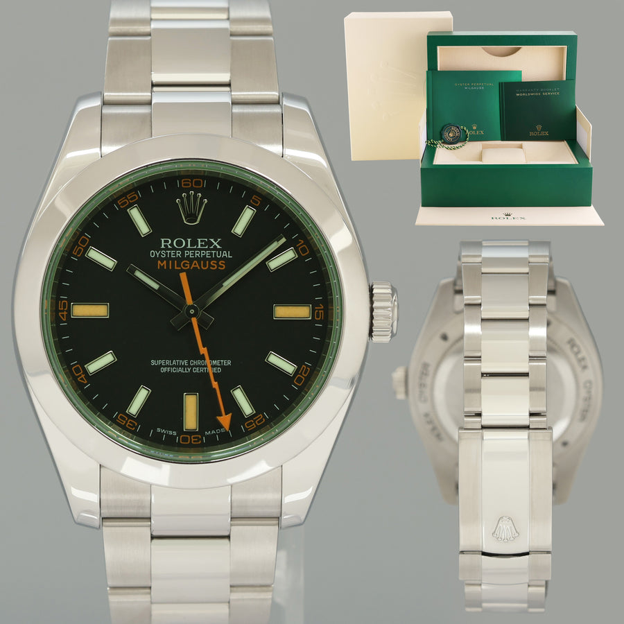 MINT Rolex Milgauss Green Anniversary Orange Black 116400GV Steel Watch Box
