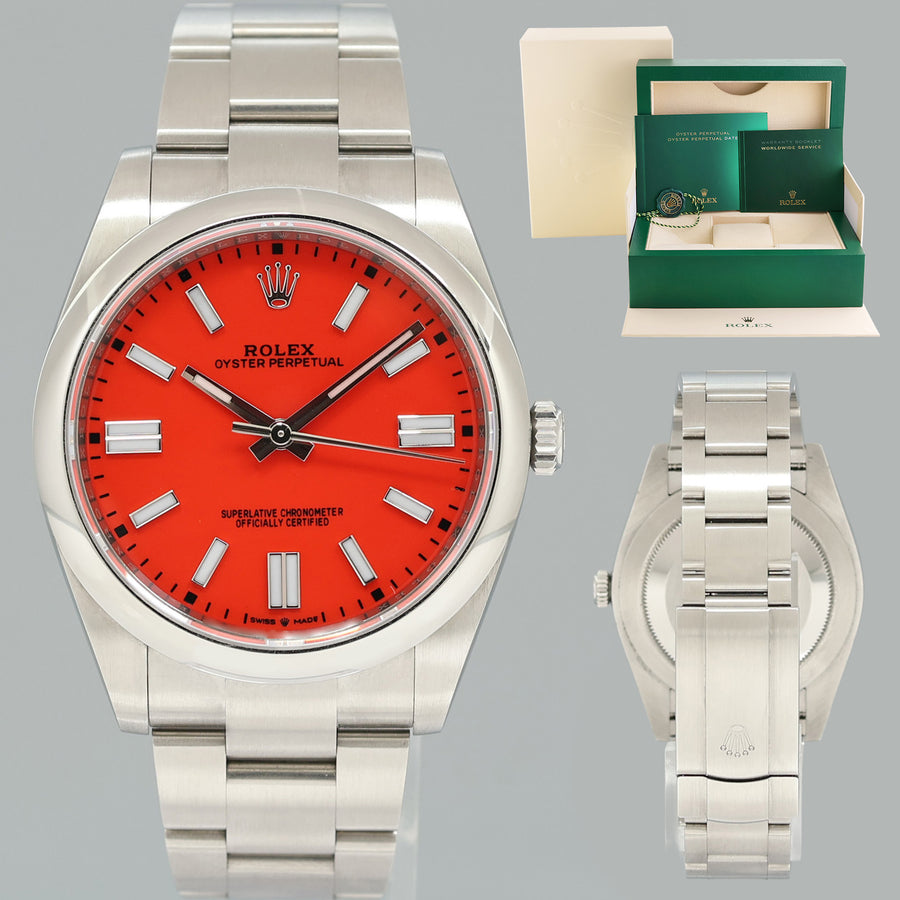 2022 MINT Rolex Oyster Perpetual 41mm Custom Red Coral Oyster 124300 Watch Box