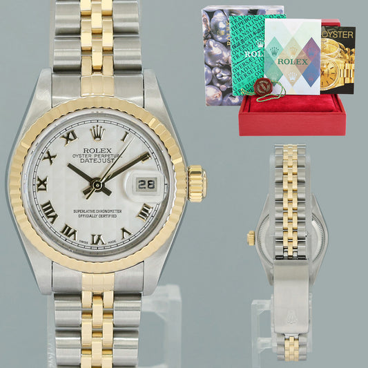 PAPERS MINT Ladies Rolex 26mm DateJust 79173 Two Tone Yellow Gold Ivory Jubilee Watch