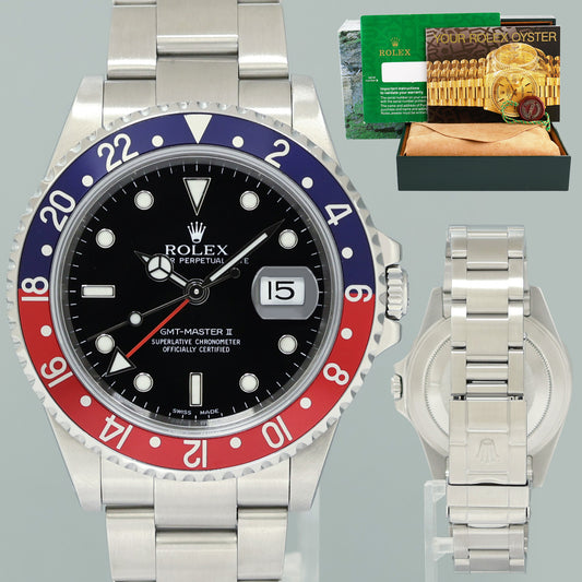 MINT 2000 Rolex 16710 GMT-Master II Pepsi Blue Red Steel Watch Black Watch Box