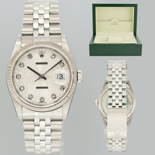 2002 MINT Rolex DateJust 16234 Silver Diamond Anniversary Jubilee Gold Fluted Watch