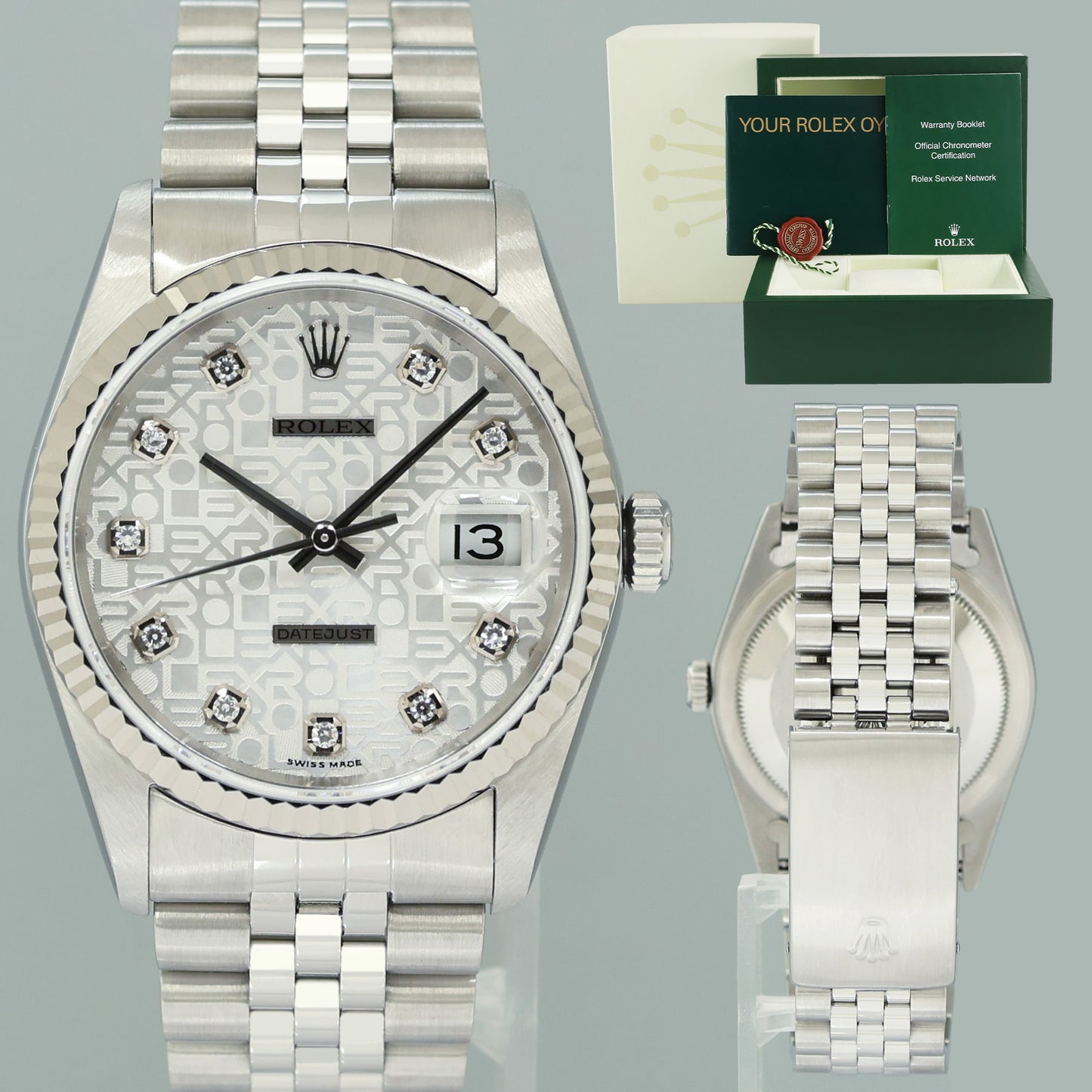 2003 MINT Rolex DateJust 16234 Silver Diamond Anniversary Jubilee Gold Fluted Watch