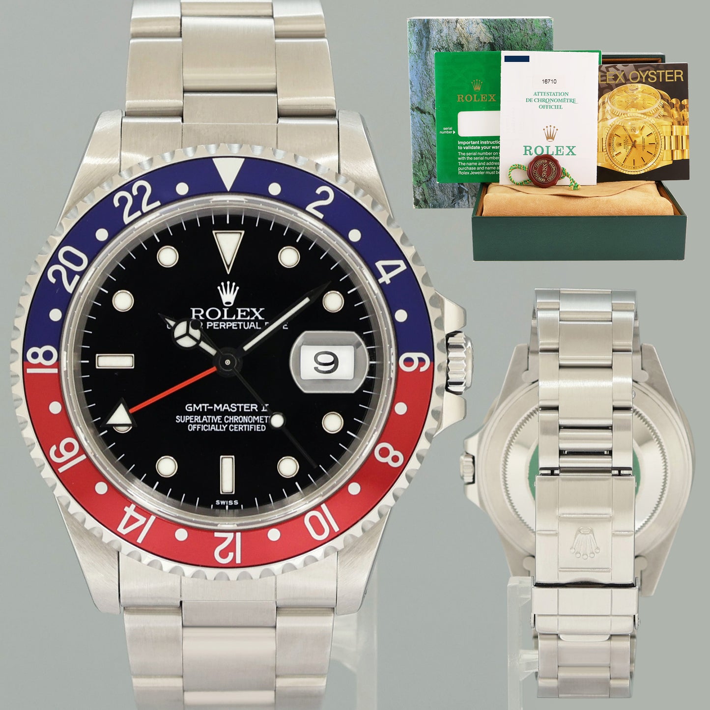 1999 MINT PAPERS Rolex GMT-Master II Pepsi Blue Red Steel 16710 40mm Watch Box
