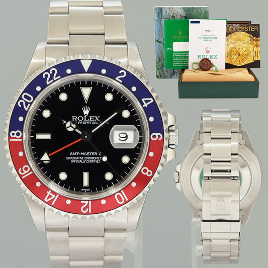 1999 MINT PAPERS Rolex GMT-Master II Pepsi Blue Red Steel 16710 40mm Watch Box