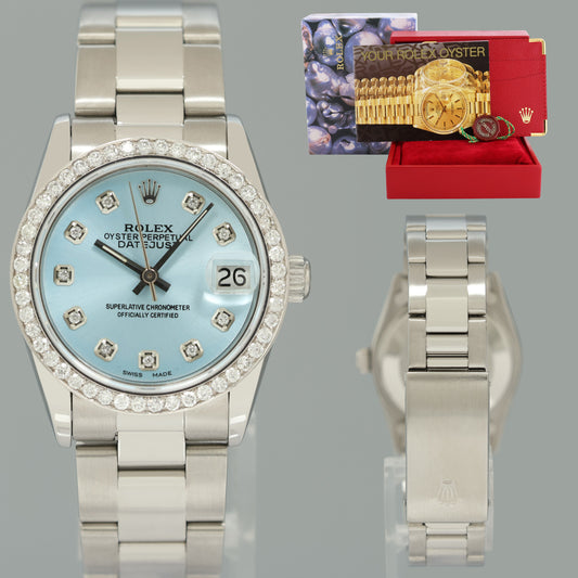 MINT DIAMOND Ladies Rolex DateJust Glacier Blue Midsize 31mm Rose Roman Oyster 68240 Watch Box