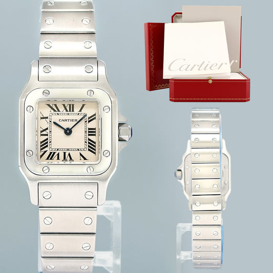 NEW PAPERS CARTIER Santos Galbee 1565 Stainless Steel Quartz 24mm White Roman Box