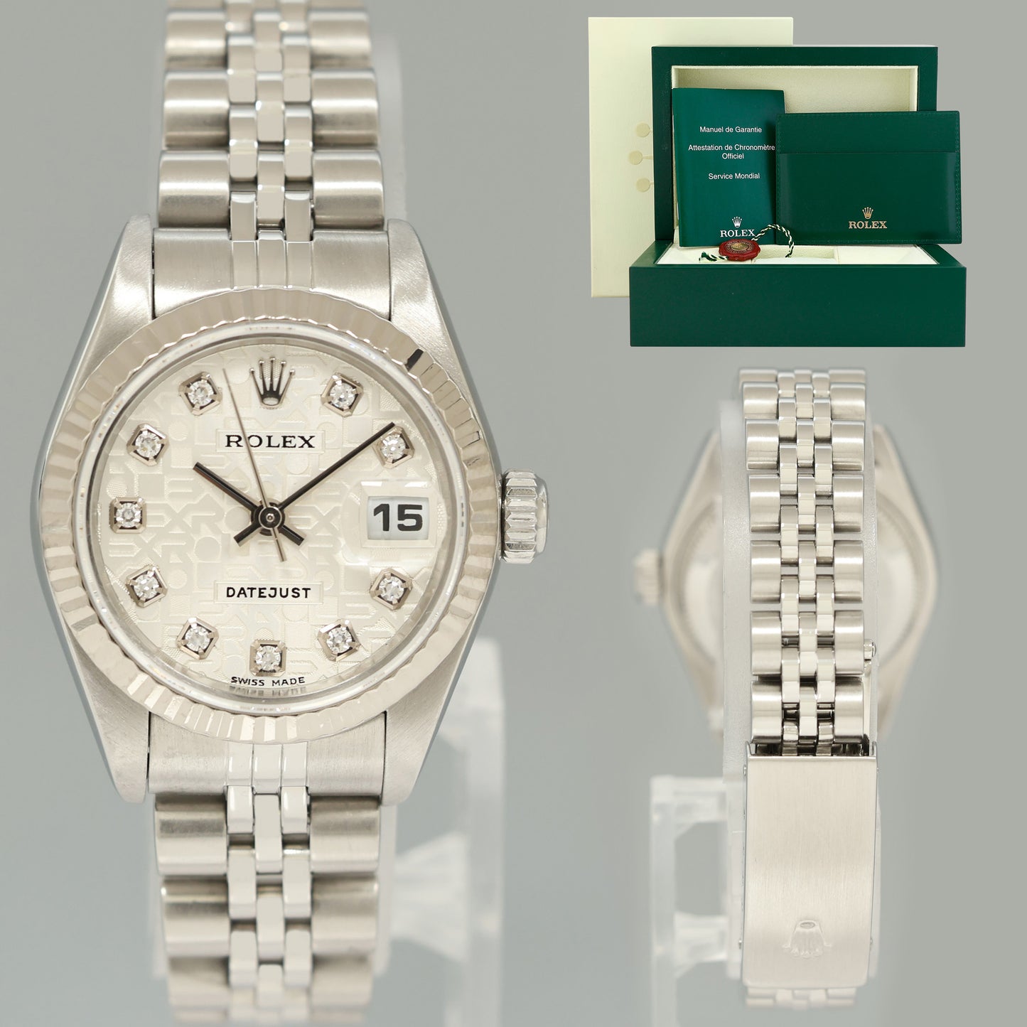 MINT Ladies Rolex 79174 DateJust 26mm Silver Diamond Fluted Bezel Jubilee Watch Box