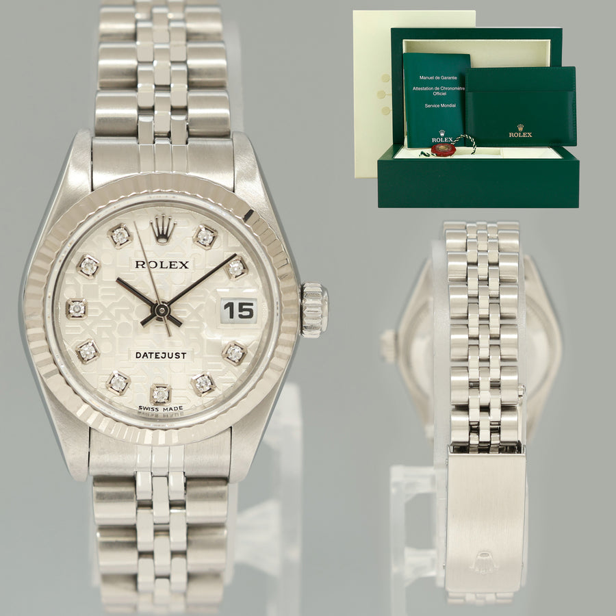 MINT Ladies Rolex 79174 DateJust 26mm Silver Diamond Fluted Bezel Jubilee Watch Box