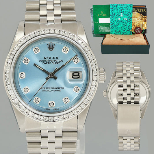 Rolex DateJust 1601 Glacier Blue Diamond White Gold Jubilee Band 36mm Watch Box