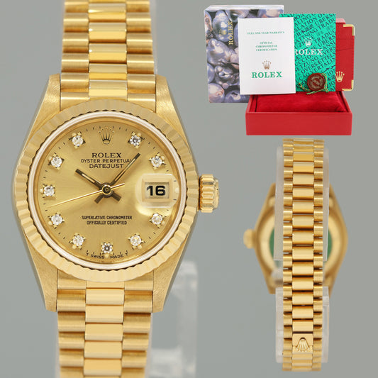 PAPERS MINT Factory Diamond Ladies 69178 Rolex DateJust President 26mm Yellow Gold Watch Box