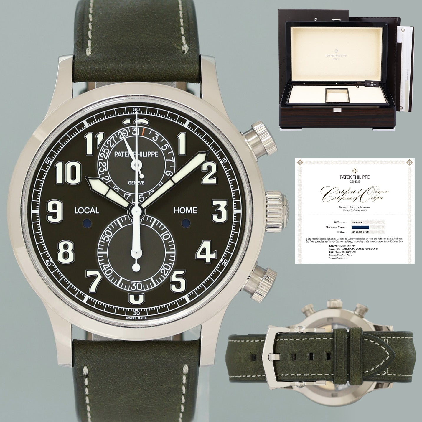 2024 New PAPERS Patek Philippe 5924G Green White Gold Travel Time Leather 42mm Watch