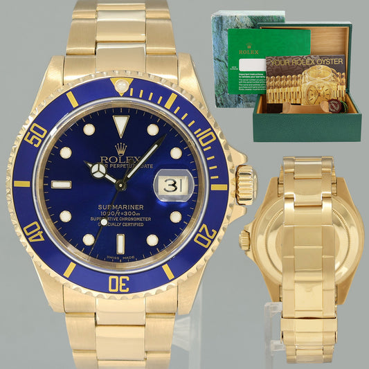 MINT Rolex 16618 Submariner Yellow Gold Blue Sunburst 40mm Watch Box