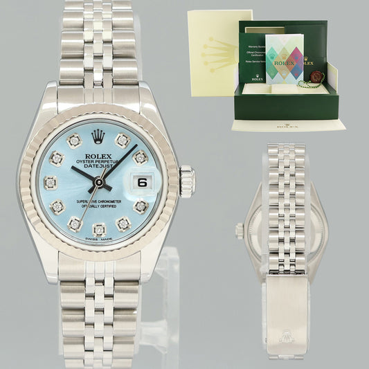 PAPERS Ladies Rolex 79174 DateJust 26mm Glacier Blue Diamond Fluted Bezel Jubilee Watch