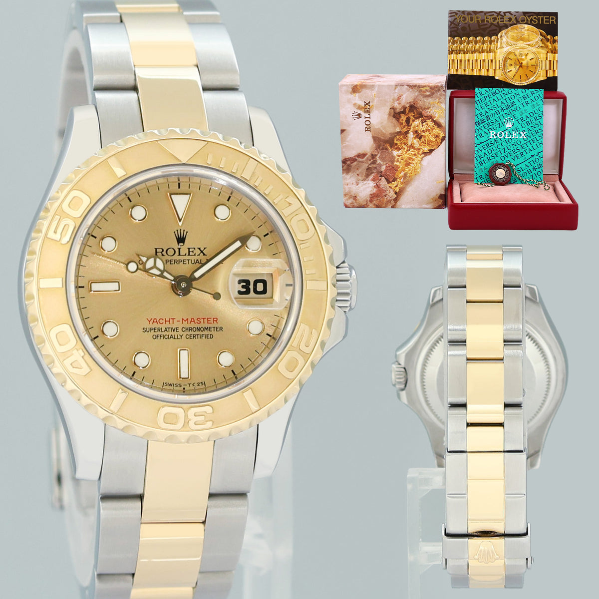 MINT Ladies Rolex Yacht-Master 69623 Two Tone Yellow Gold Champagne 29mm Watch Box