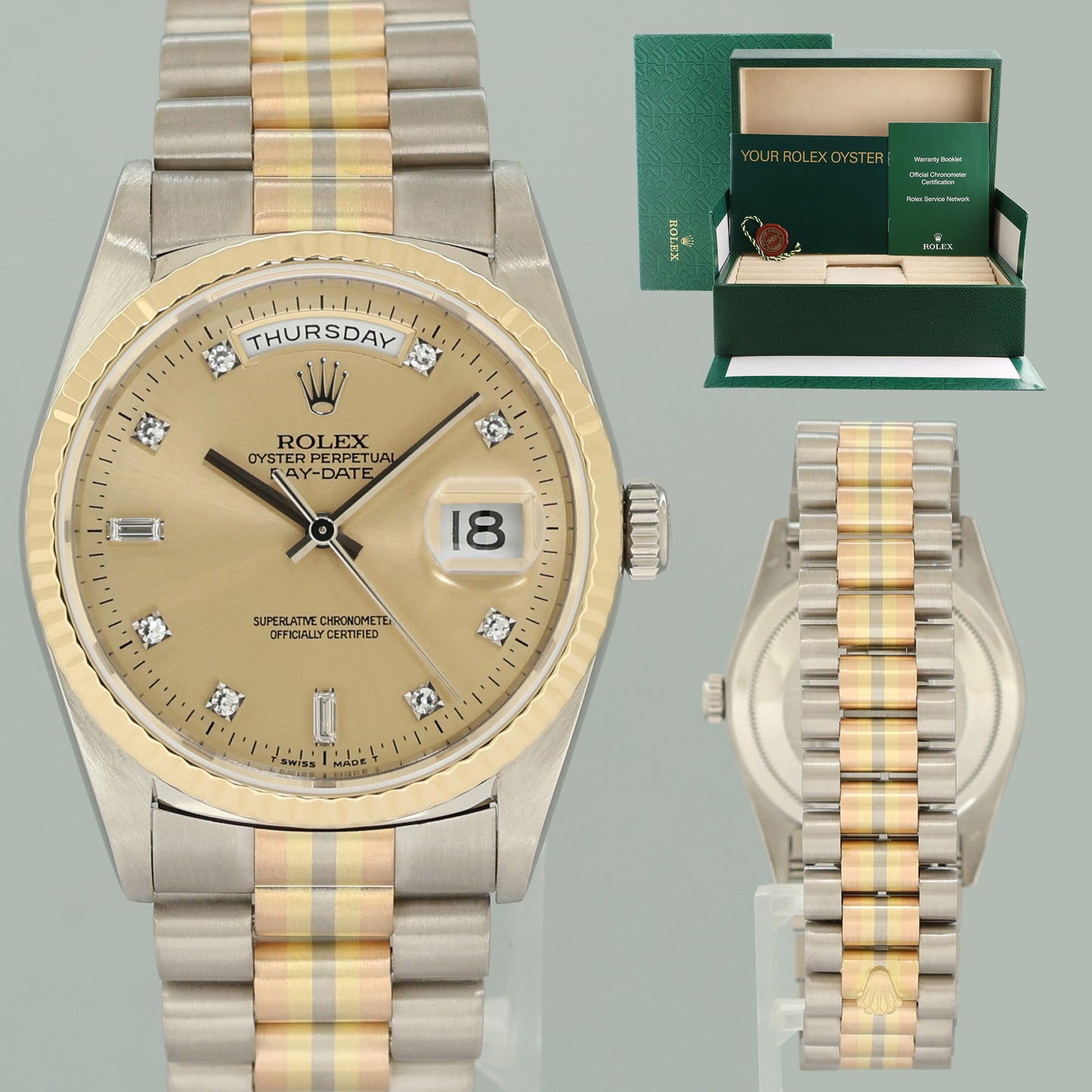 MINT Rolex President Day Date 18239 Champagne Diamond Quick Set Tridor Watch Box