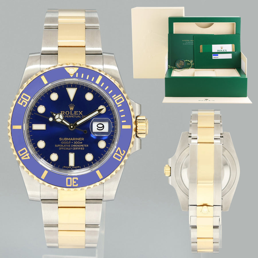MINT 2015 PAPERS Rolex 116613LB Submariner Blue Ceramic Two Tone Yellow Gold Watch