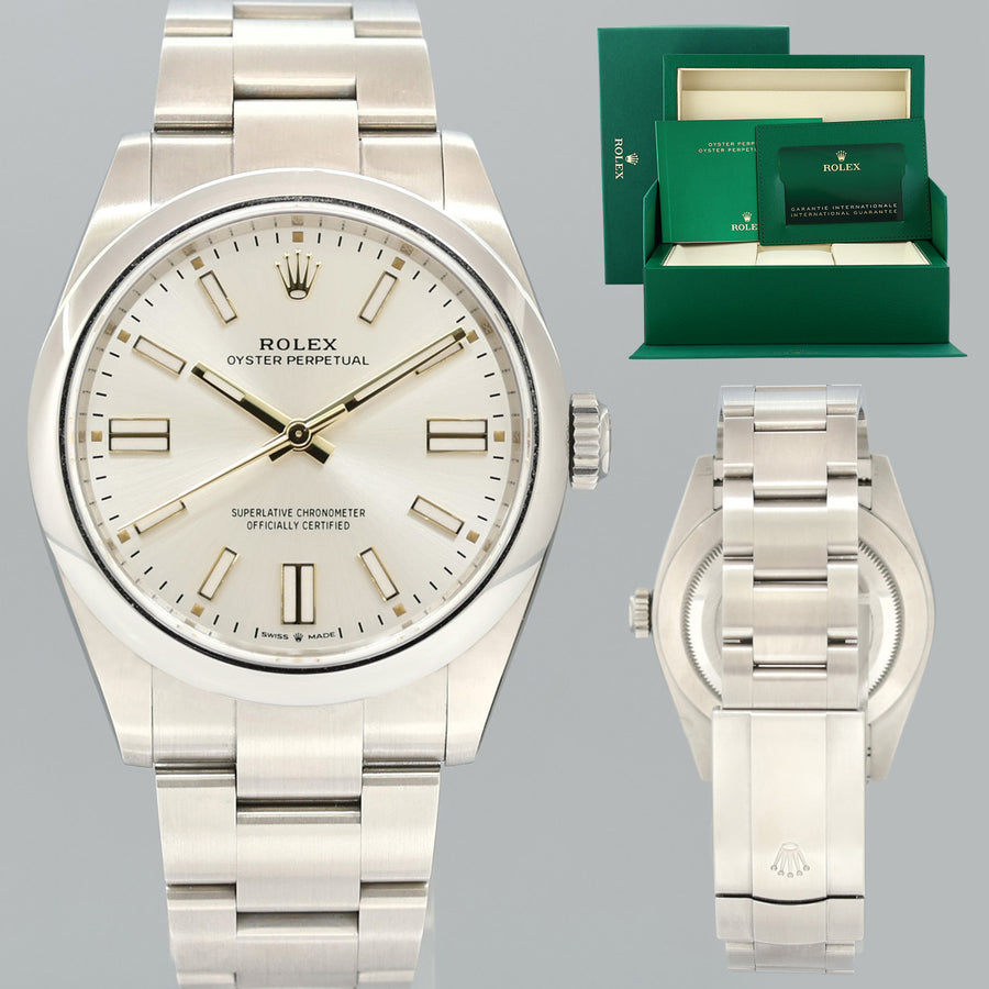 OCT 2025 NEW PAPERS 134300 Steel Rolex Oyster Perpetual 41mm Silver Stick Watch Box