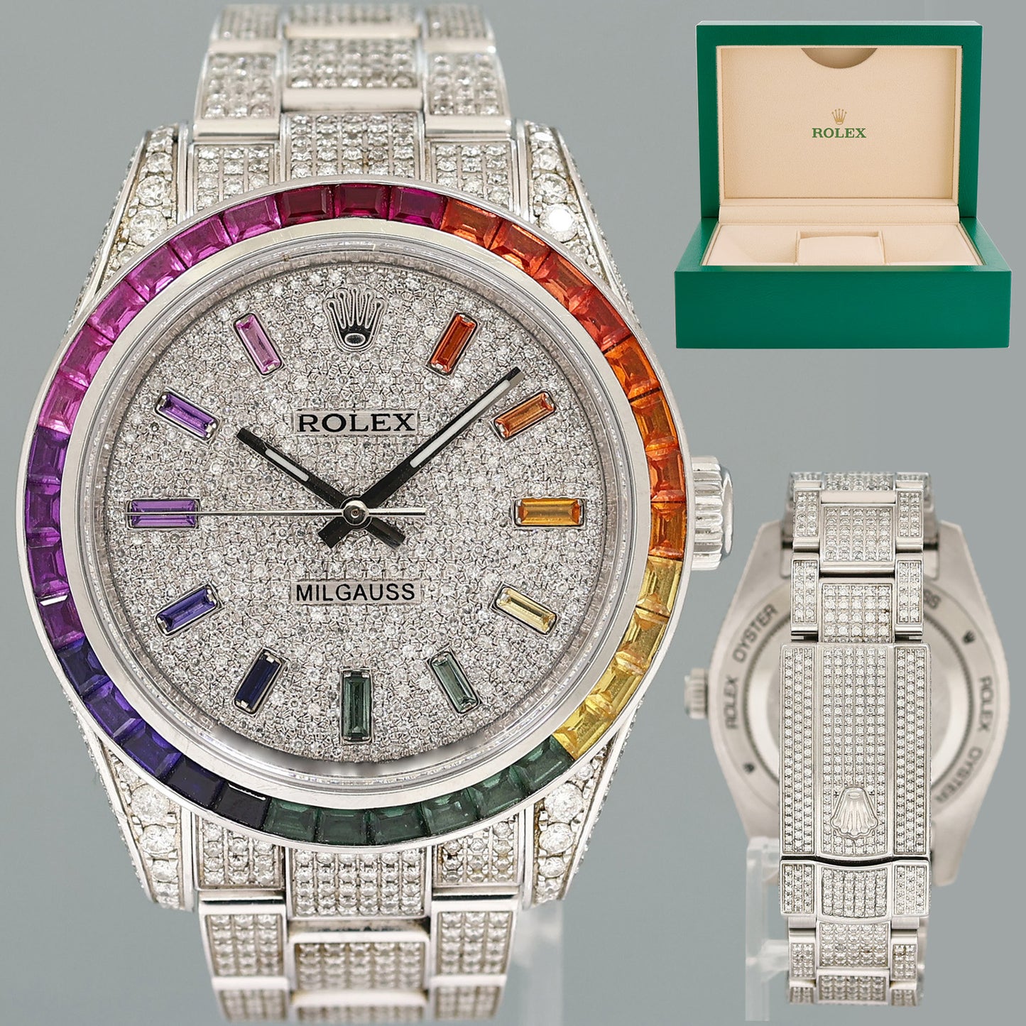 MINT Rolex Milgauss Diamond Iced Out Pave Sapphire 116400 Steel Watch Box