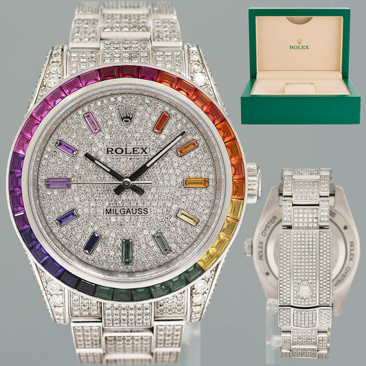MINT Rolex Milgauss Diamond Iced Out Pave Sapphire 116400 Steel Watch Box