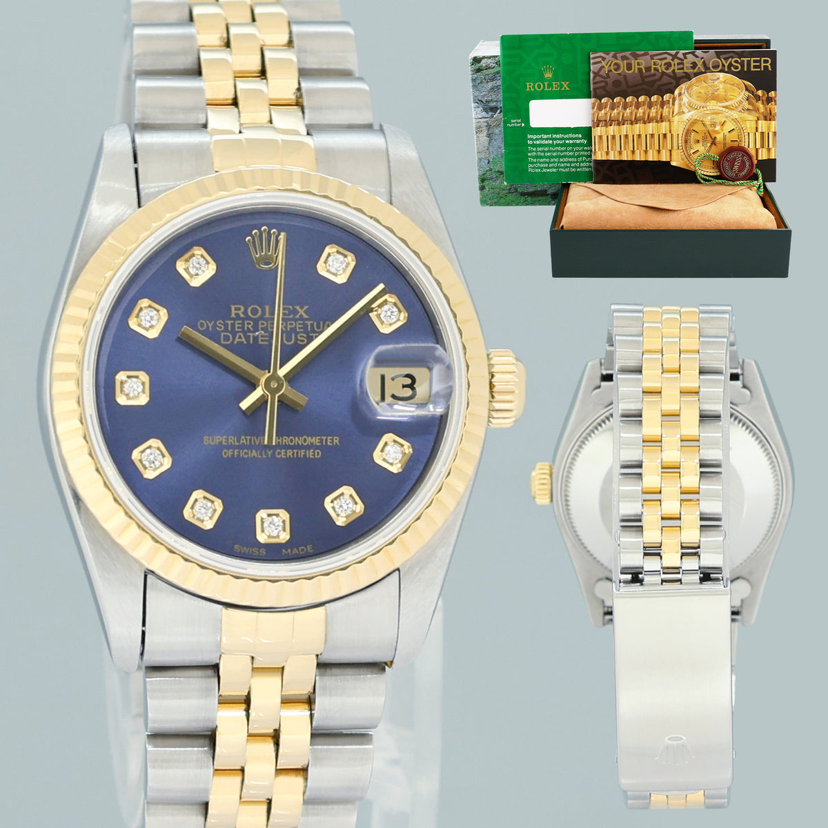 MINT Ladies Rolex 68273 Two Tone Yellow Gold Jubilee Fluted 31mm Blue Diamond Watch