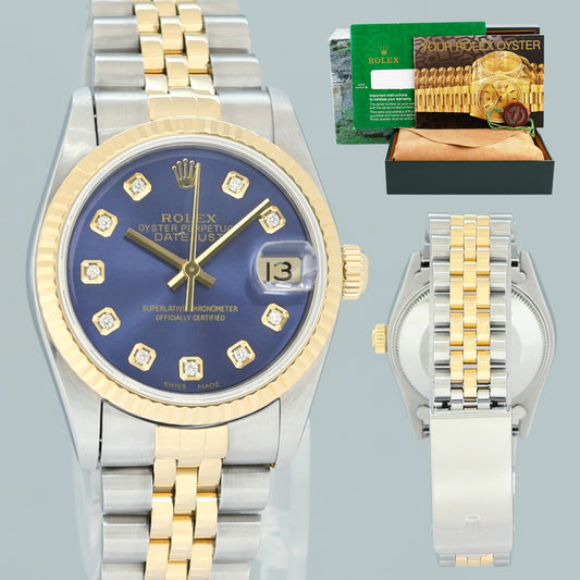 MINT Ladies Rolex 68273 Two Tone Yellow Gold Jubilee Fluted 31mm Blue Diamond Watch