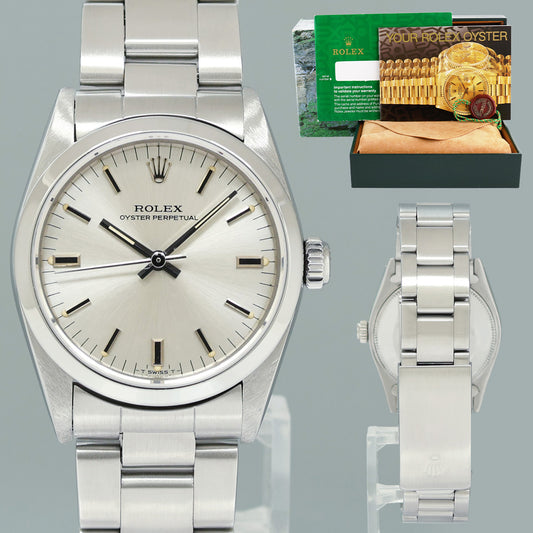 MINT Rolex Oyster Perpetual 67480 Midsize 31mm Silver Stick Dial Watch Box