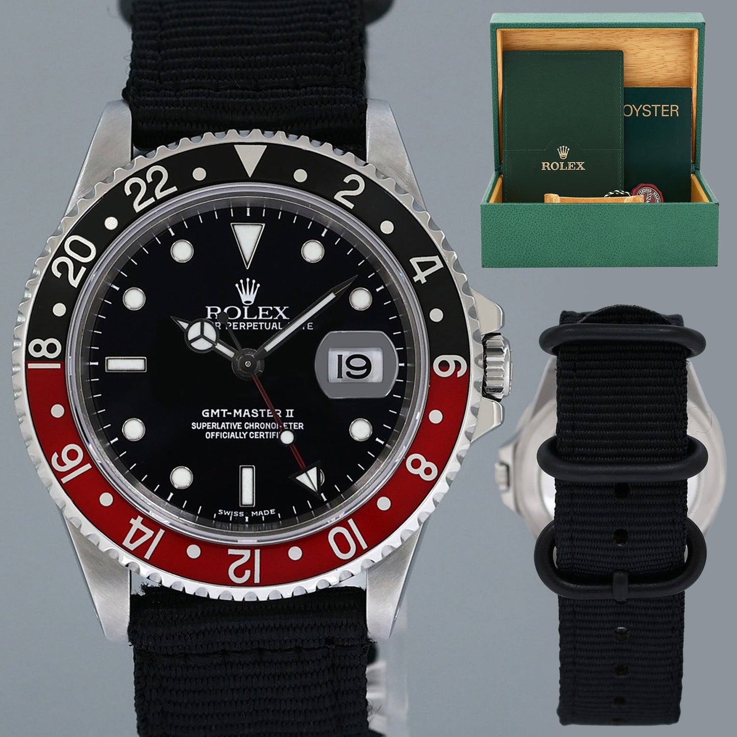 2001 Rolex GMT-Master 2 Coke Black Red 40mm Steel 16710 Nato Watch Box
