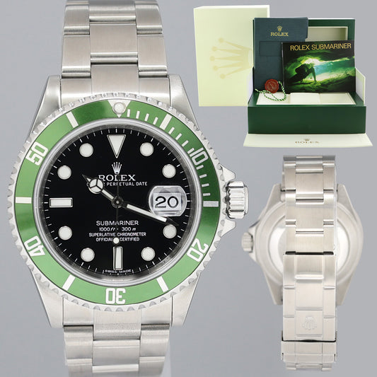 MINT 2009 Rolex Kermit Green Anniversary 40mm Submariner 16610LV Watch Box