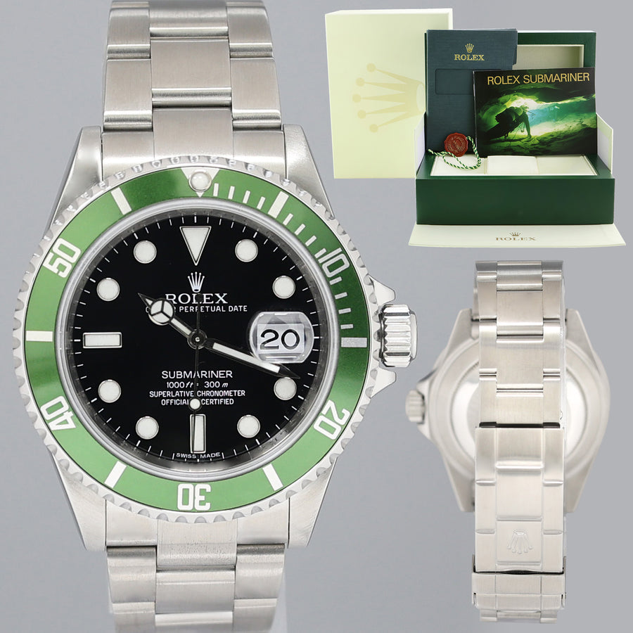 MINT 2009 Rolex Kermit Green Anniversary 40mm Submariner 16610LV Watch Box