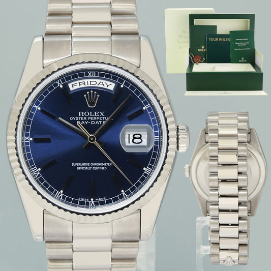 MINT Rolex President Day Date 118209 Blue Stick White Gold 36mm President Watch Box