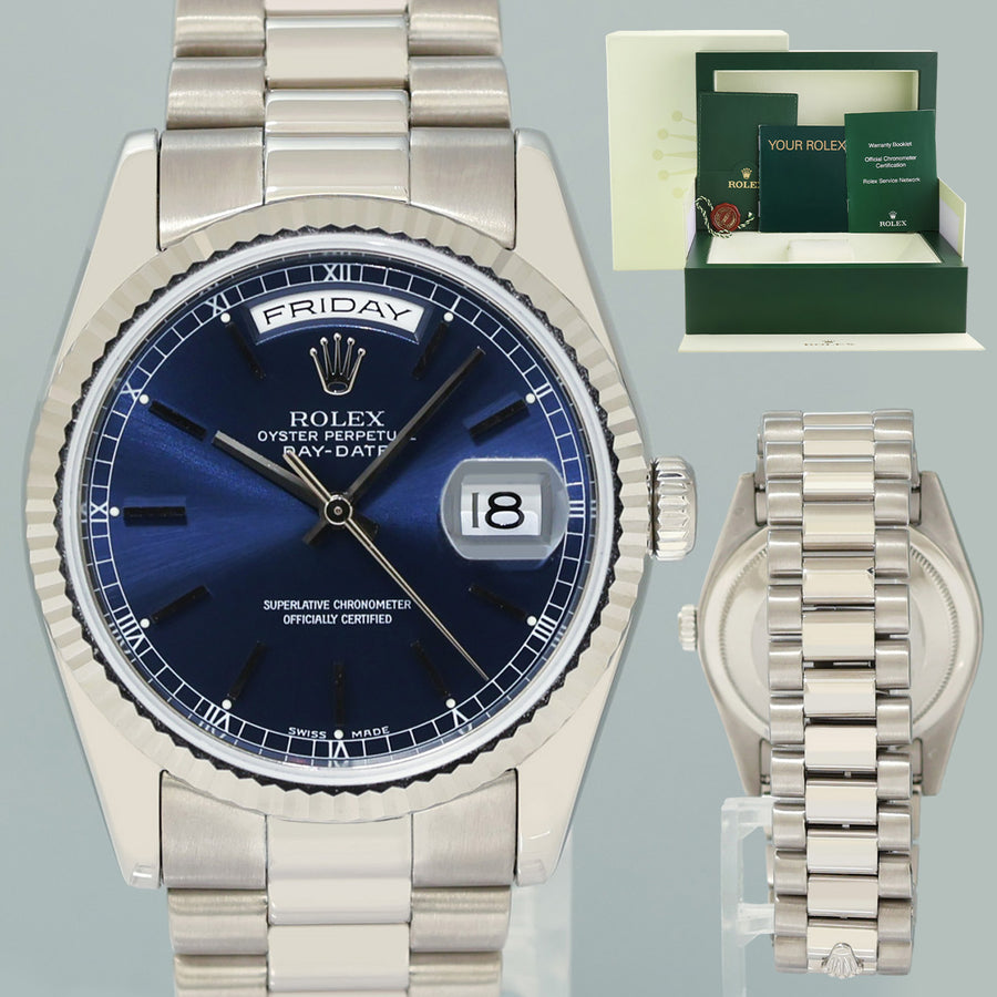 MINT Rolex President Day Date 118209 Blue Stick White Gold 36mm President Watch Box