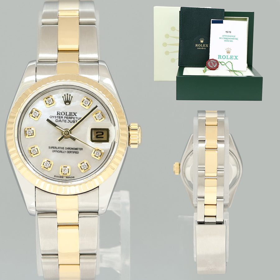 PAPERS MINT Ladies Rolex DateJust 79173 MOP Diamond 26mm Two-Tone Gold Steel Watch
