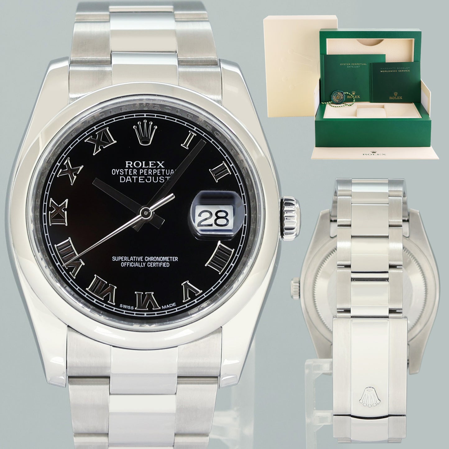 MINT 2013 Rolex DateJust 36mm 116200 Steel Oyster Black Roman Dial Watch Box