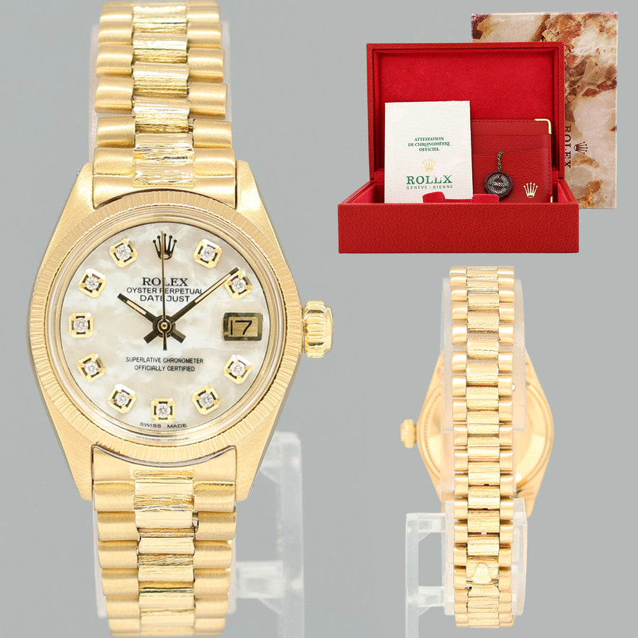 PAPERS Ladies Rolex DateJust President 26mm 6927 Yellow Gold Bark Diamond MOP Watch