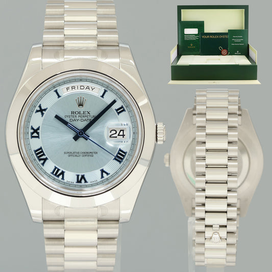 NOS STICKERED NEW Rolex Day-Date 41mm Blue Roman Platinum President 218206 Watch