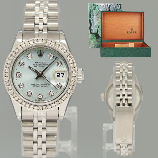 DIAMOND Ladies Rolex DateJust 26mm Glacier Blue Steel Jubilee Watch 69174