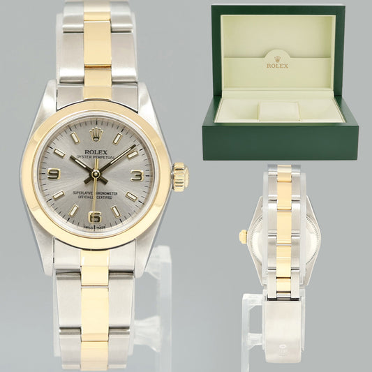 Ladies Rolex Oyster Perpetual 26mm Silver 76183 Two Tone Yellow Gold Oyster Watch