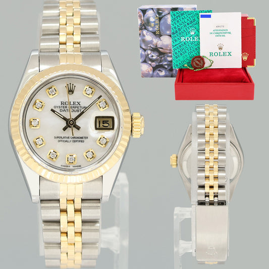 PAPERS Pearl Diamond Ladies Rolex 26mm DateJust 69173 Two Tone Gold Jubilee Watch Box