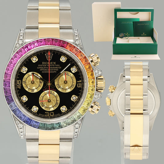 2009 Rolex Daytona 116523 Rainbow Diamond Yellow Gold Steel Sapphire 40mm Watch