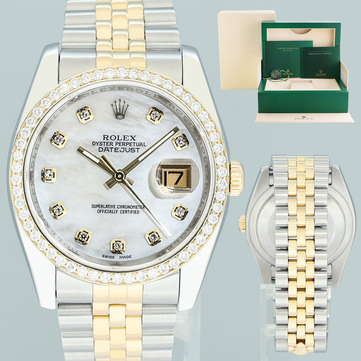 DIAMONDS MINT Rolex DateJust Jubilee Two Tone Gold 36mm 116233 White Diamond Watch