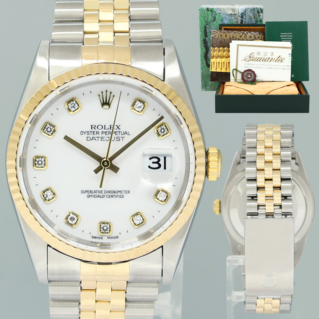 PAPERS MINT Rolex DateJust 16233 Two Tone Yellow Gold Jubilee White Diamond Watch