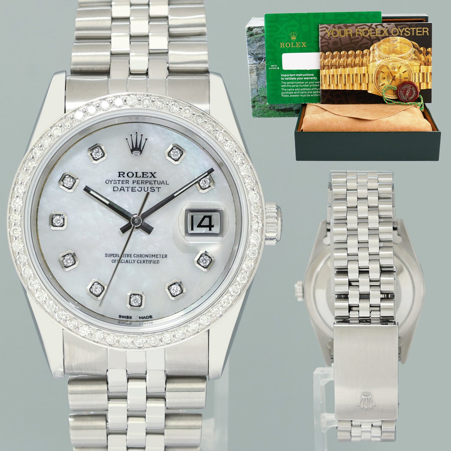 DIAMOND Bezel Rolex DateJust 36mm Mop Diamond 16220 Jubilee Steel Watch Box