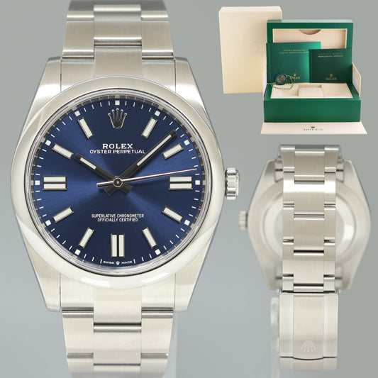 MINT 2021 Rolex Oyster Perpetual 41mm Blue Stick Oyster Watch 124300 Box