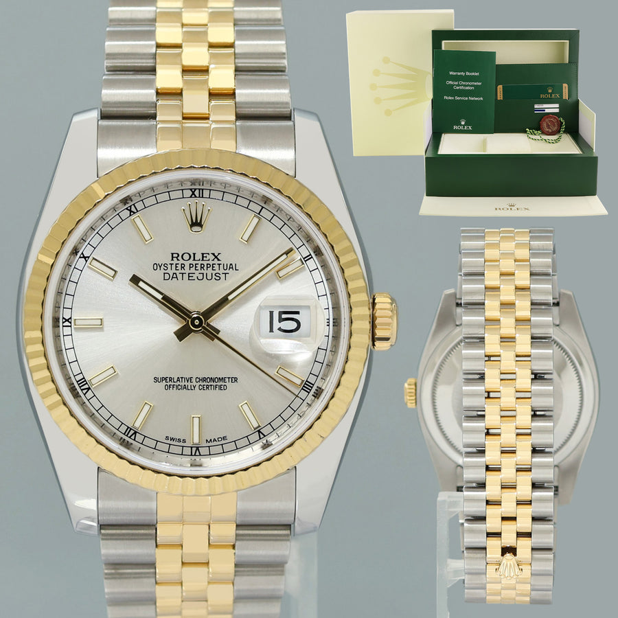 2013 PAPERS MINT Rolex 116233 DateJust Jubilee 36mm Two Tone Gold Silver Stick Watch