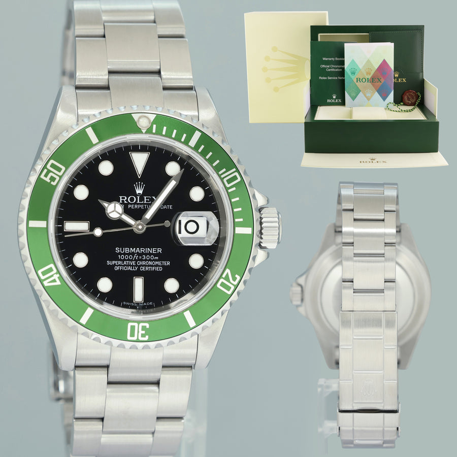 PAPERS MINT 2007 Rolex Kermit Green Anniversary 40mm Submariner 16610LV Watch Box
