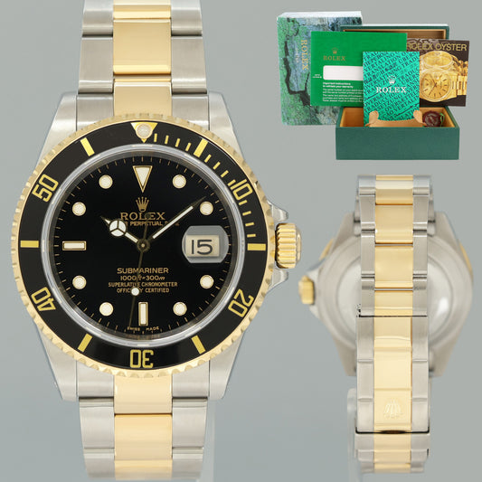 2000 MINT GOLD BUCKLE Rolex Submariner 16613 Gold Two Tone Black Watch Box
