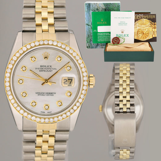 PAPERS DIAMOND BEZEL Rolex DateJust 16013 Two-Tone MOP Yellow Gold Jubilee Watch